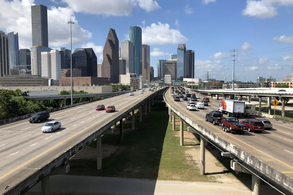 View south along Interstate 45 (North Freeway) from the ramp between westbound Interstate 10 and southbound Interstate 45 in Houston, Harris County, Texas